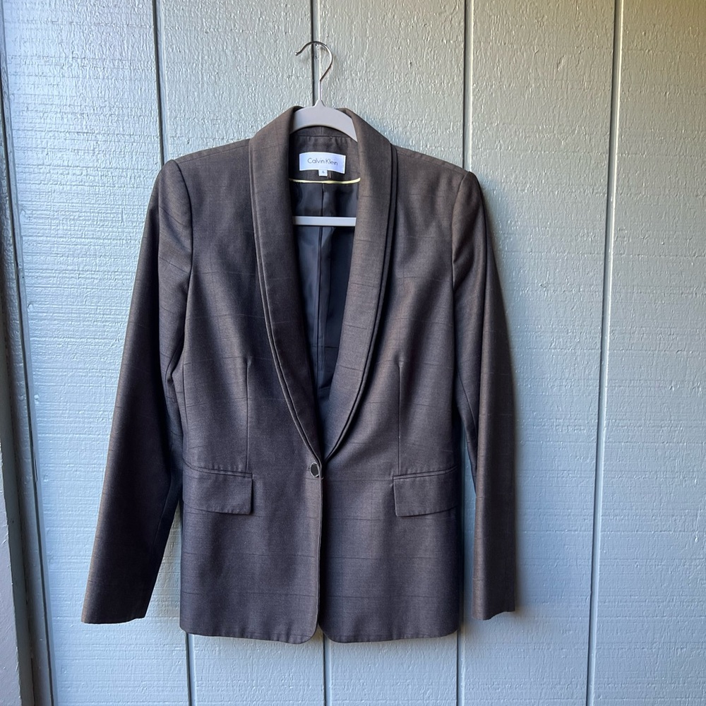 Calvin Klein Brown Windowpane Double Shawl Collar Blazer Office Evening